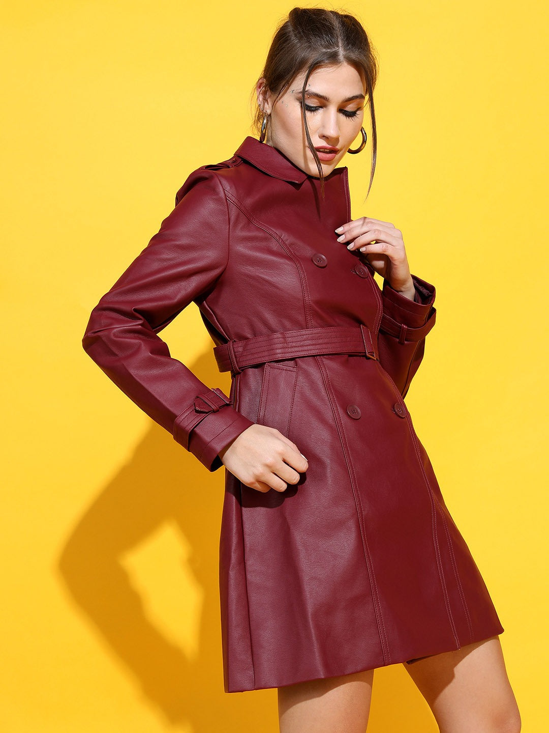 Women Burgundy Faux Leather Longline Jacket | QAWACH