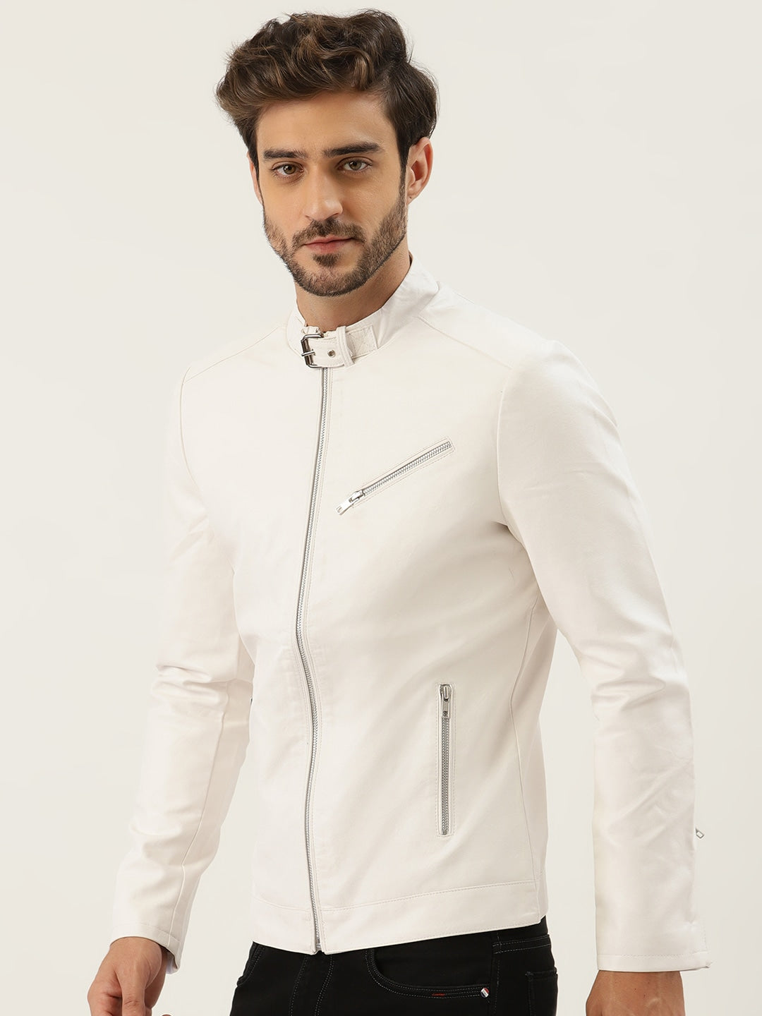 Men White Solid Leather Jacket for sale | QAWACH
