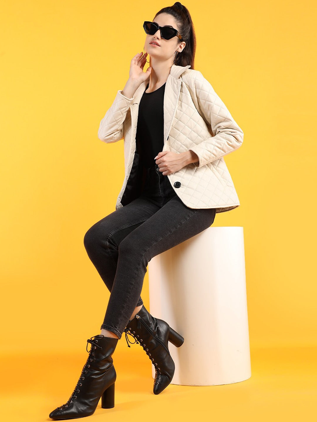 Women Off White Leather Quilted Jacket | QAWACH