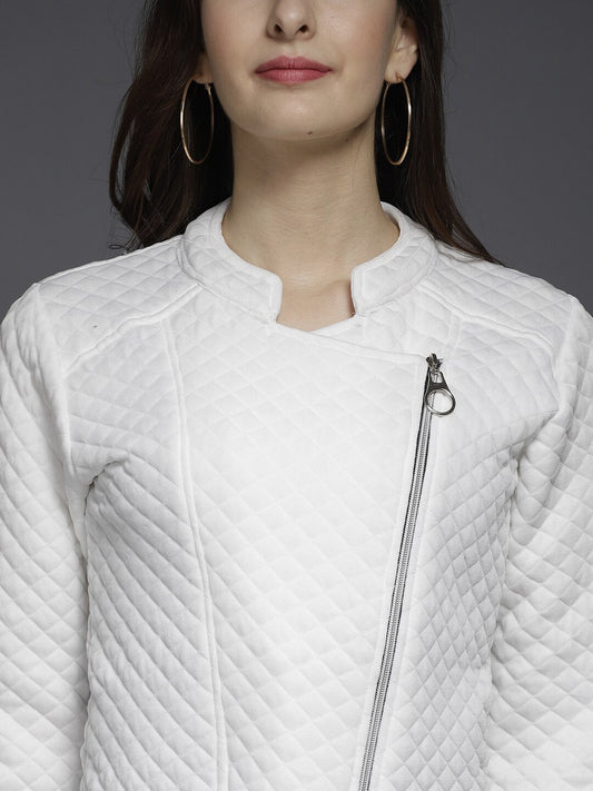 Stand Collar Self Design Fleece Biker Jacket | QAWACH