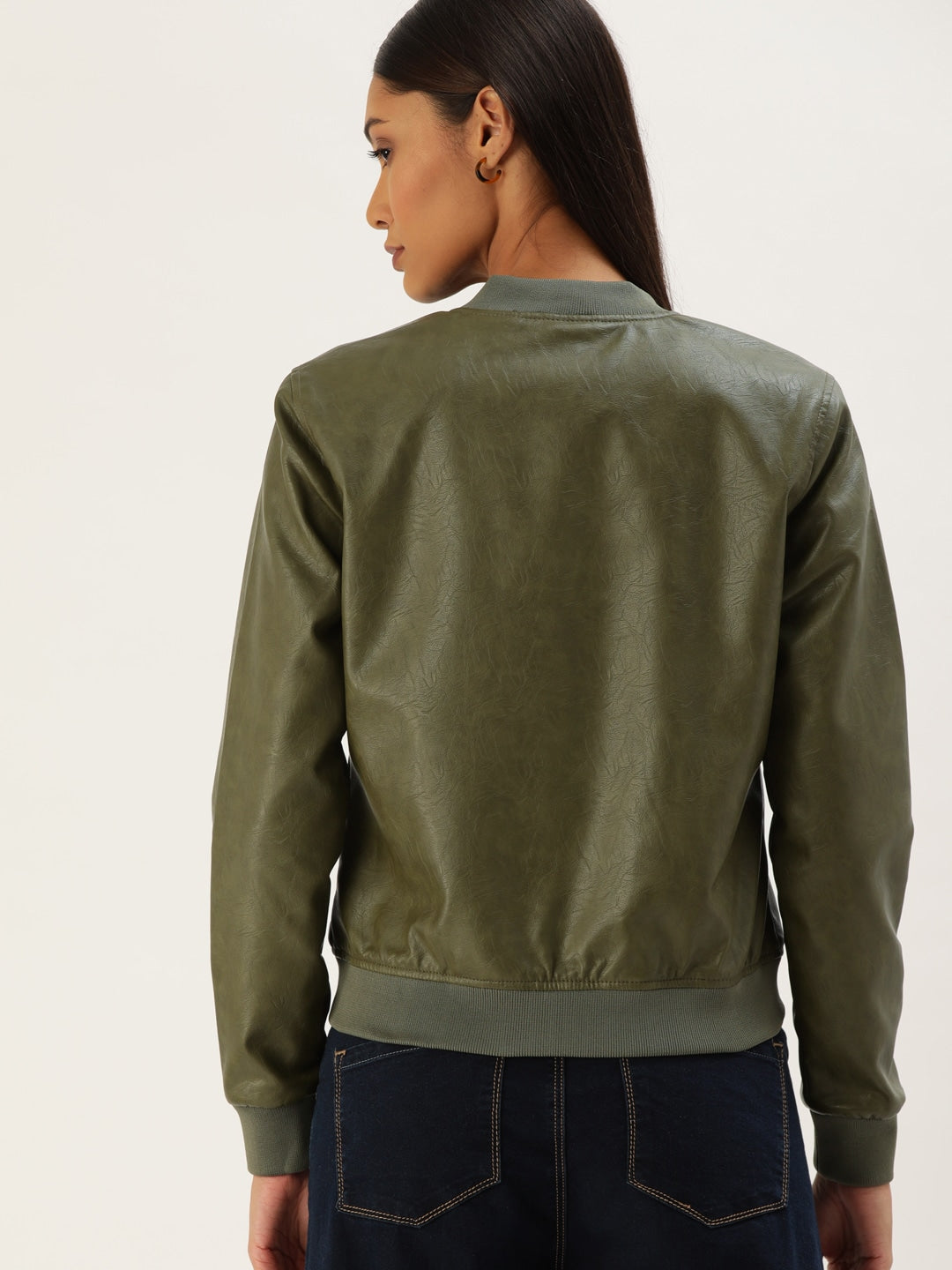 Women Olive Green Solid Lightweight Bomber Jacket | QAWACH