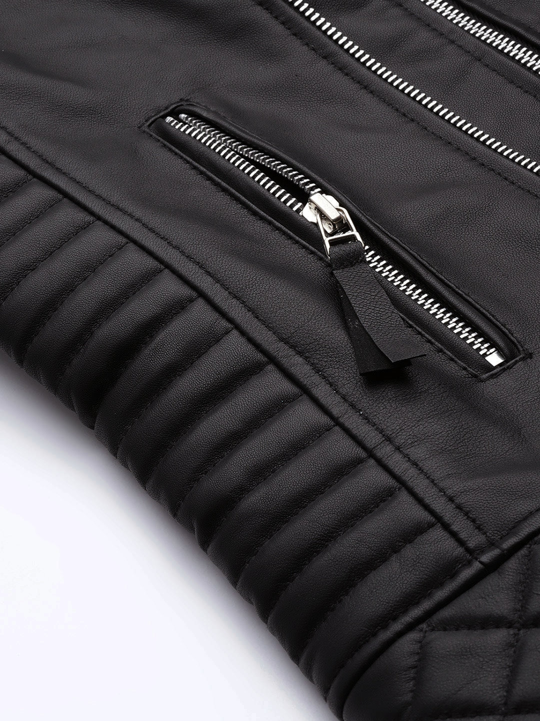 Men Solid Black Biker Leather Jacket