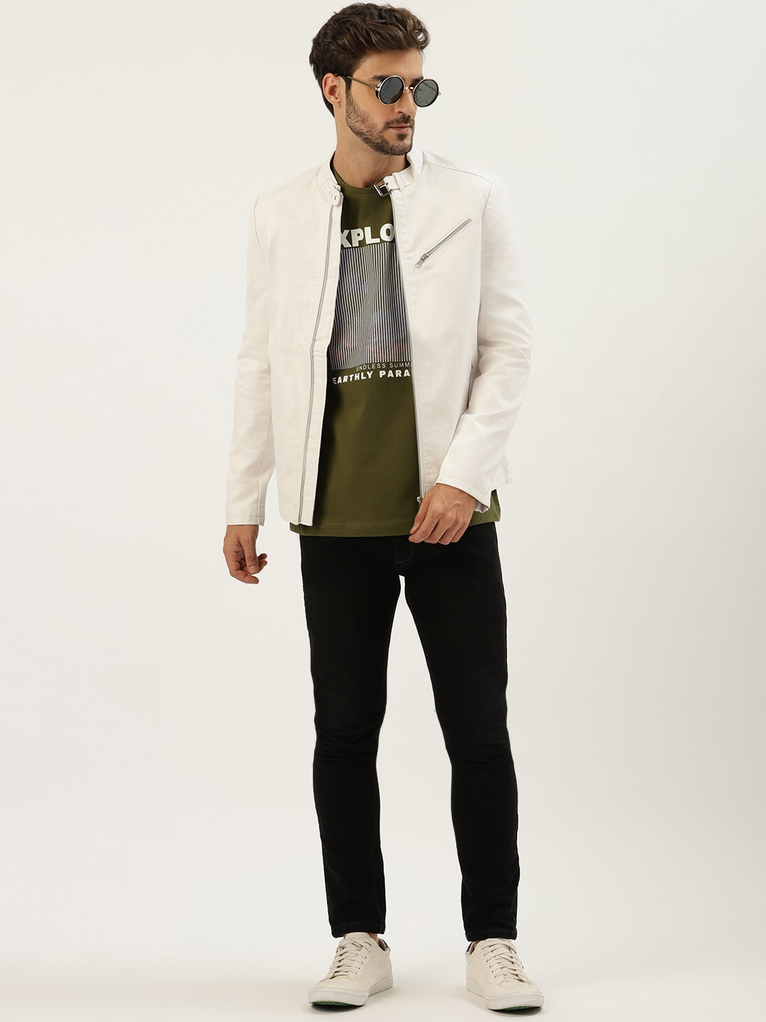 Men White Solid Leather Jacket for sale | QAWACH