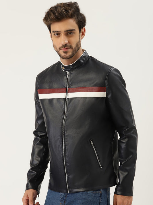Men Navy Blue Solid Leather Jacket | QAWACH