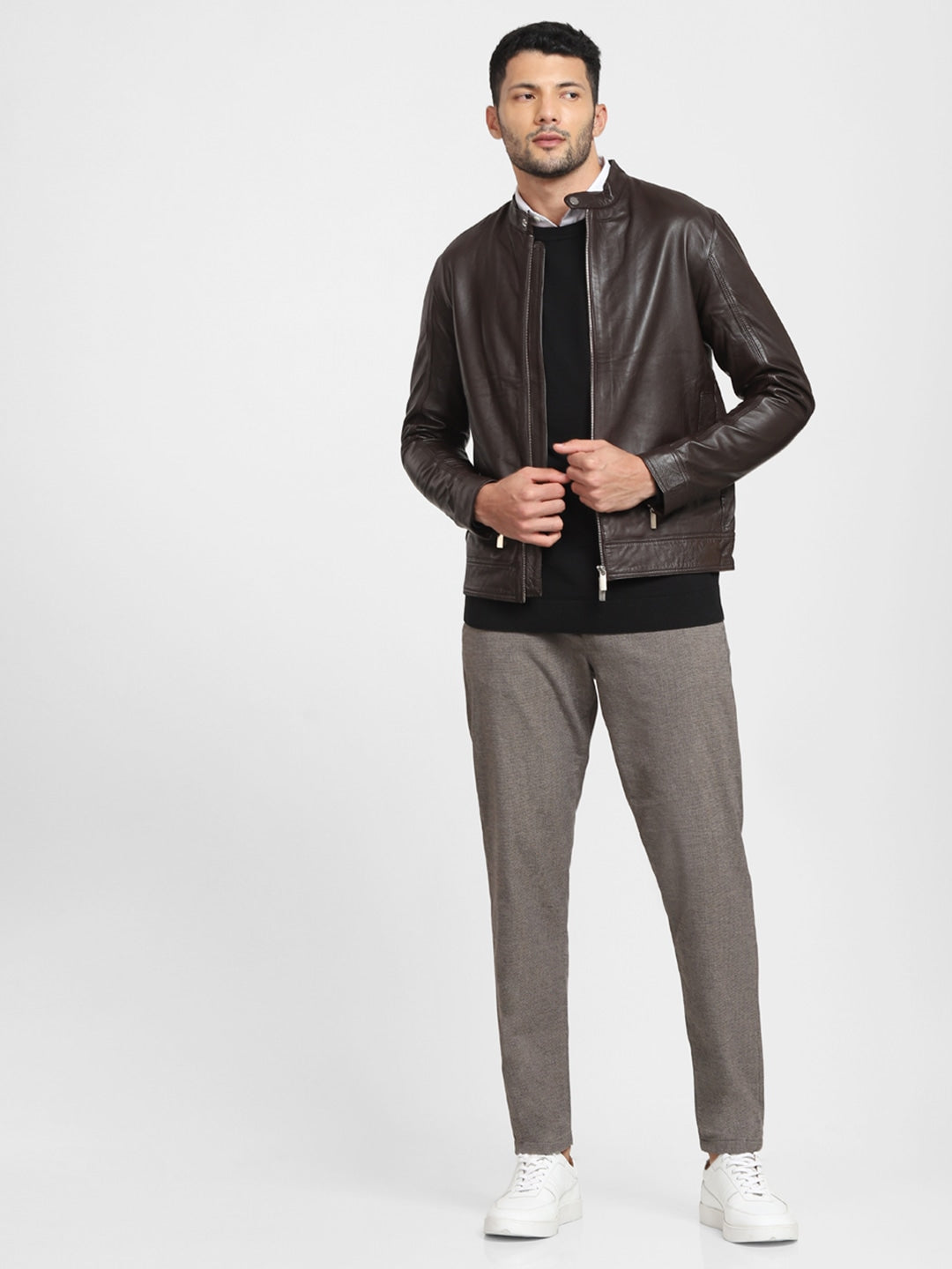 Men Classic Leather Brown Solid Leather Jacket | QAWACH