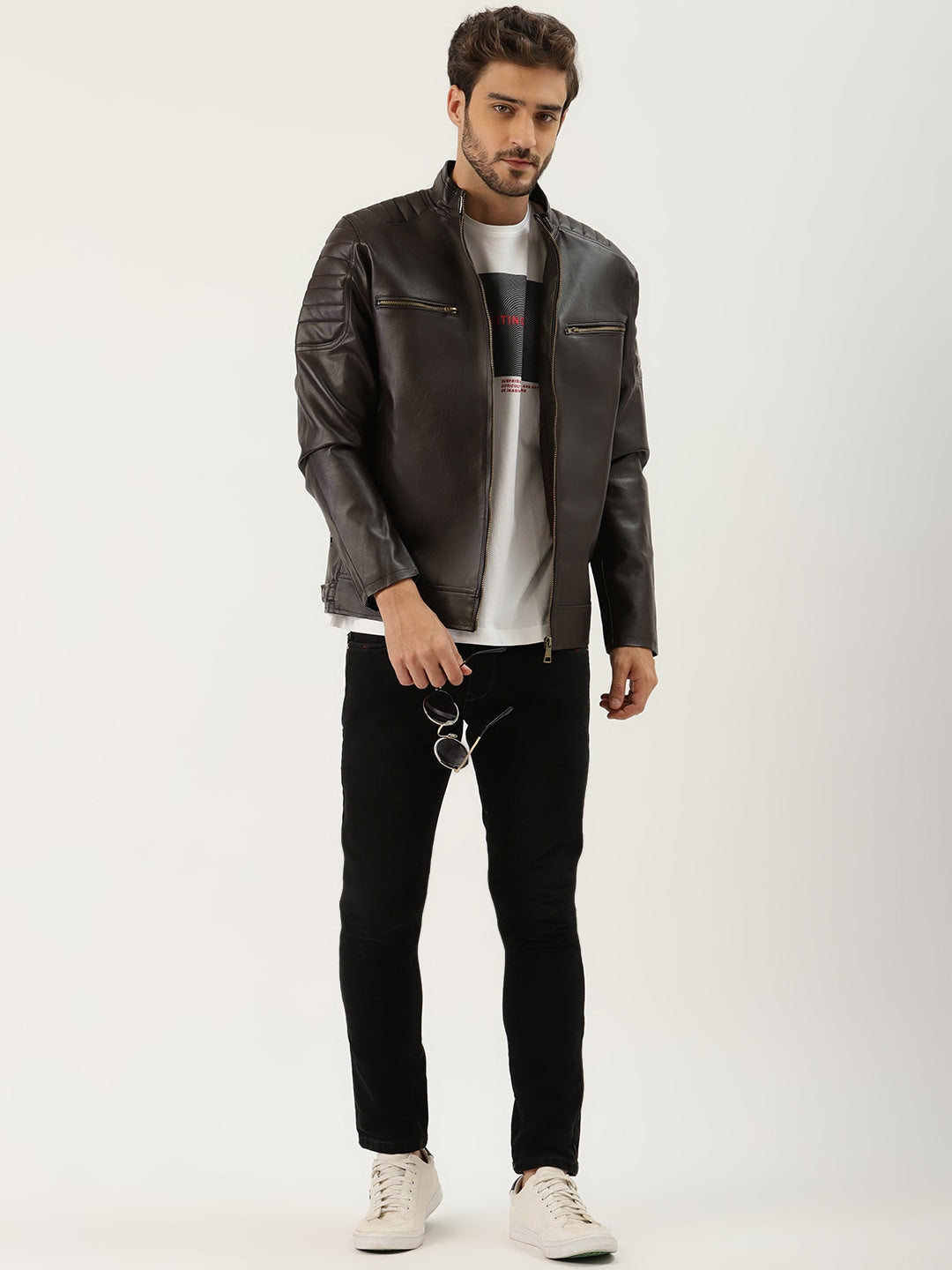 Men Coffee Brown Solid Leather Jacket | QAWACH