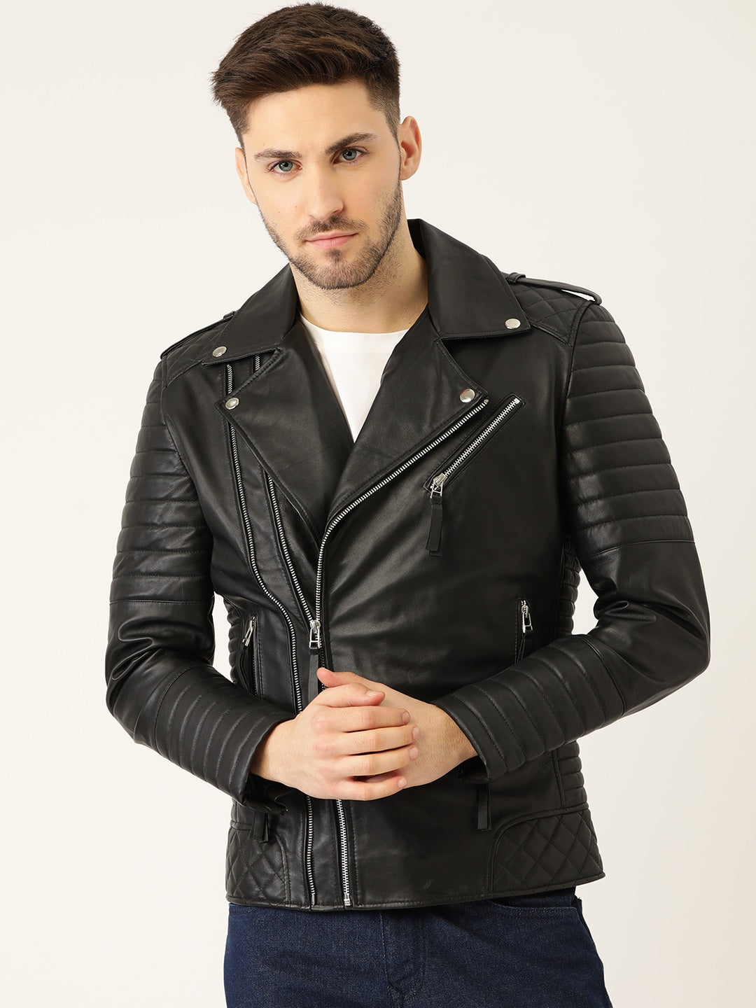 Men Solid Black Biker Leather Jacket