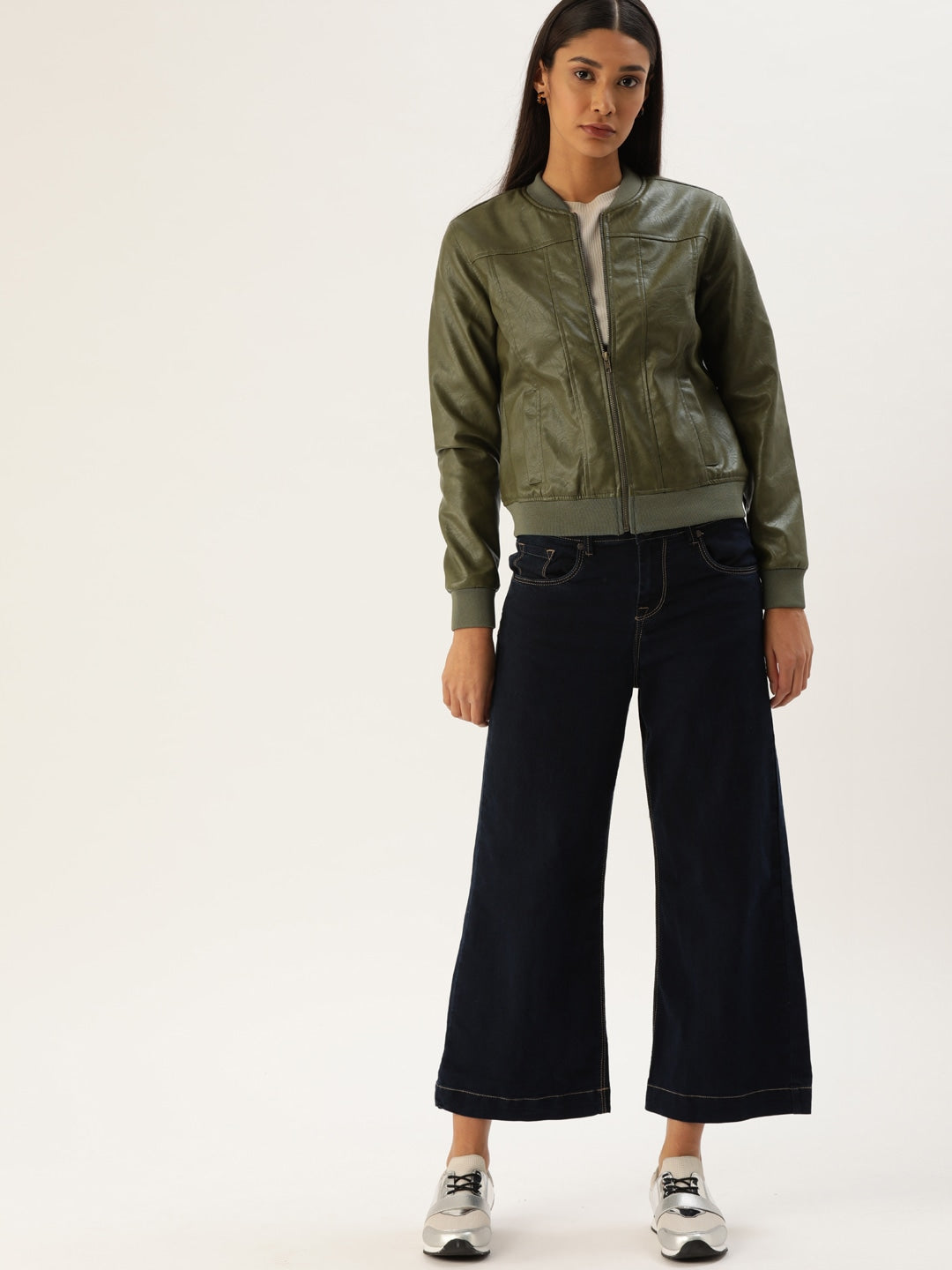 Women Olive Green Solid Lightweight Bomber Jacket | QAWACH