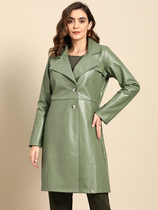 Olive Green Women Leather Overcoat | QAWACH