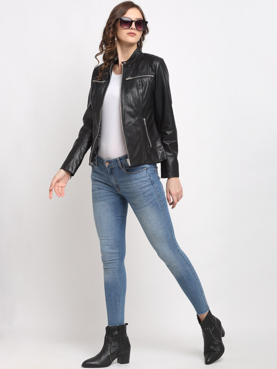 Women Black Leather Lightweight Biker Jacket | QAWACH