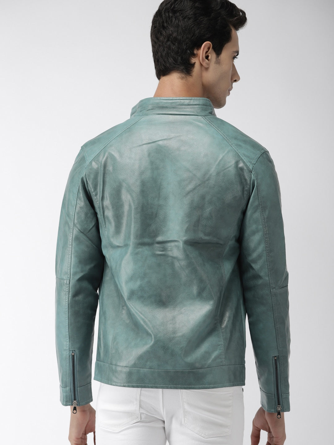 Men Teal Green Solid Biker Jacket | QAWACH
