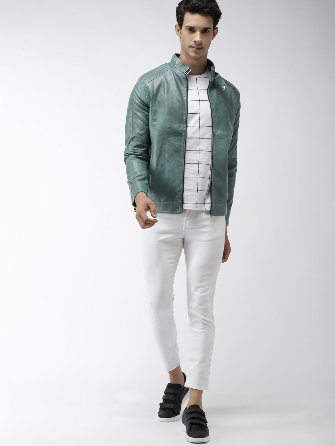 Men Teal Green Solid Biker Jacket | QAWACH