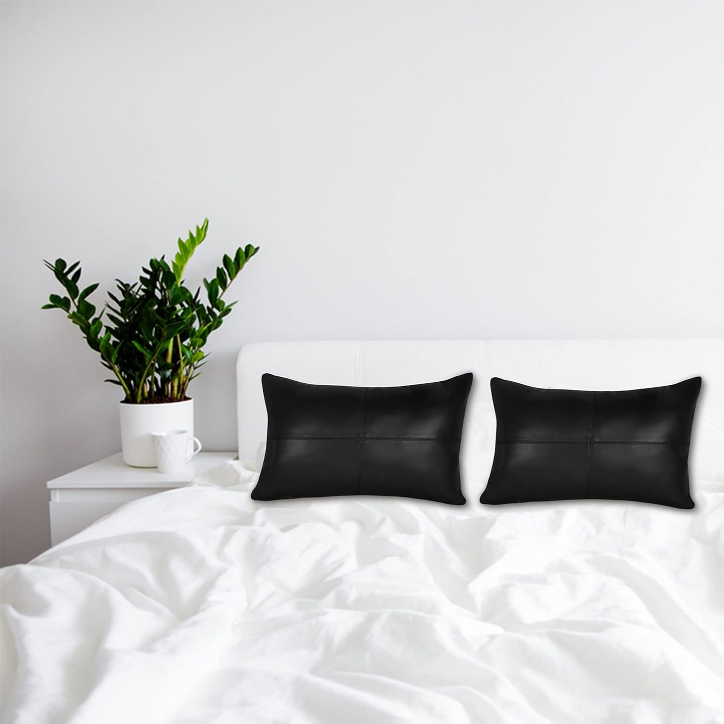 Qawach Classic Black Plain Genuine Leather Rectangle Pillow Cover