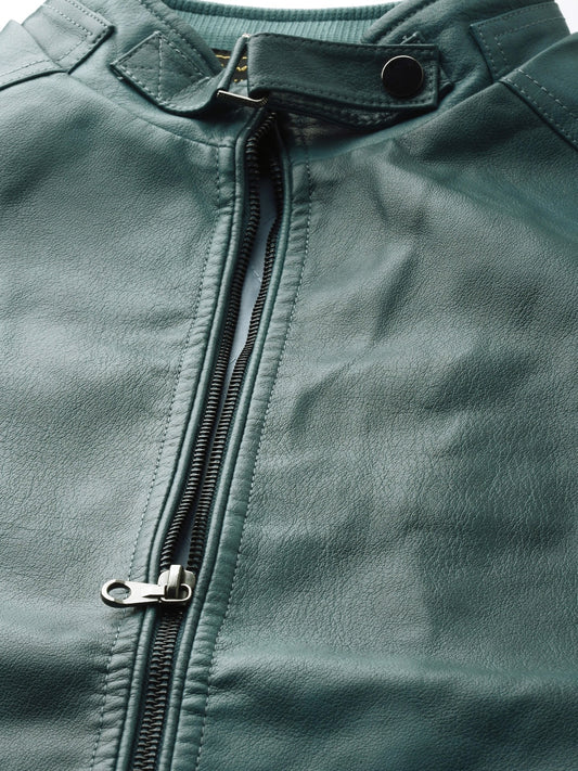 Men Teal Green Solid Biker Jacket | QAWACH