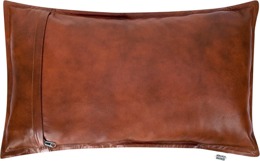 Qawach Classic Tan Antique Box Genuine Leather Rectangle Pillow Cover