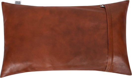 Qawach Classic Tan Crunch Box Genuine Leather Rectangle Pillow Cover