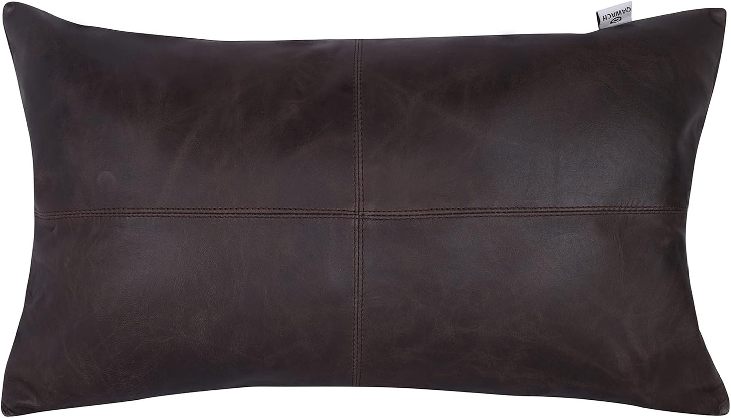 Qawach Brown Crunch Plain Genuine Leather Rectangle Pillow Cover