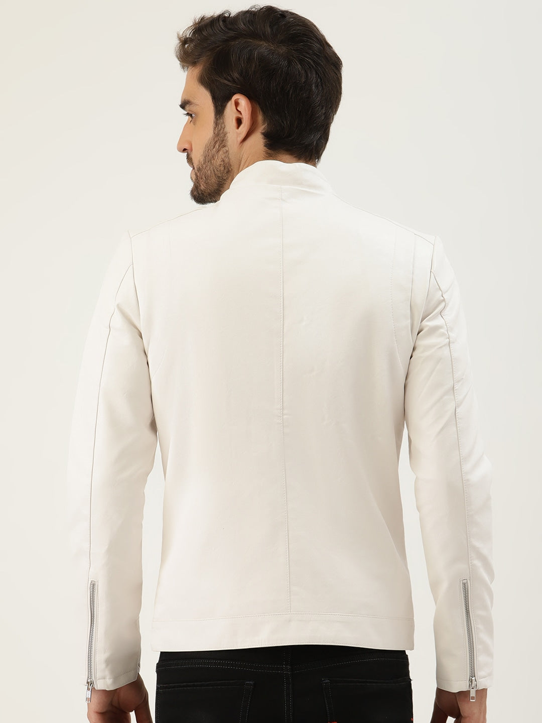 Men White Solid Leather Jacket for sale | QAWACH