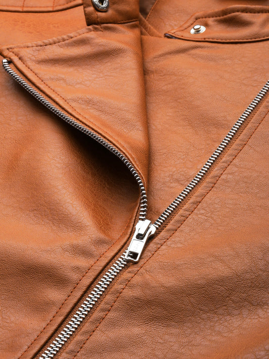 Women Rust Brown Textured Biker Jacket | QAWACH