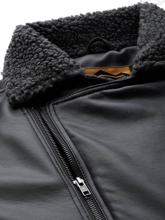 Men Charcoal Grey Solid Biker Jacket | QAWACH