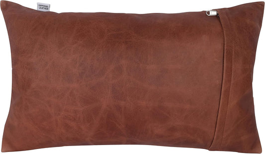 Qawach Classic Tan Crunch Plain Genuine Leather Rectangle Pillow Cover