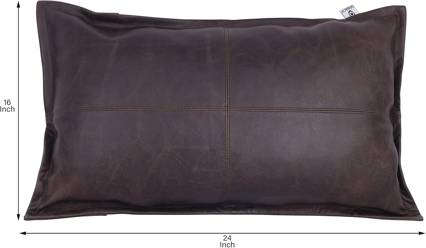 Qawach Brown Crunch Box Genuine Leather Rectangle Pillow Cover