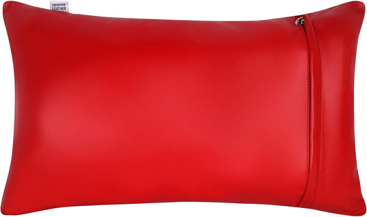 Qawach Classic Red Plain Genuine Leather Rectangle Pillow Cover