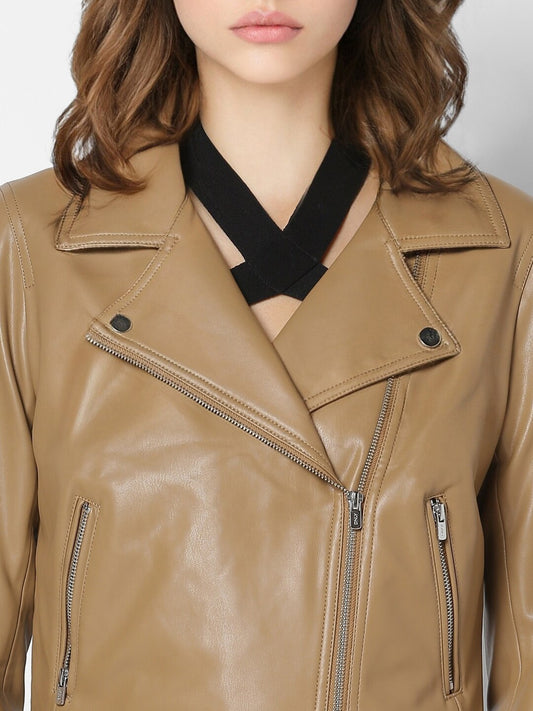 Women Brown Lightweight Crop Biker Jacket | QAWACH