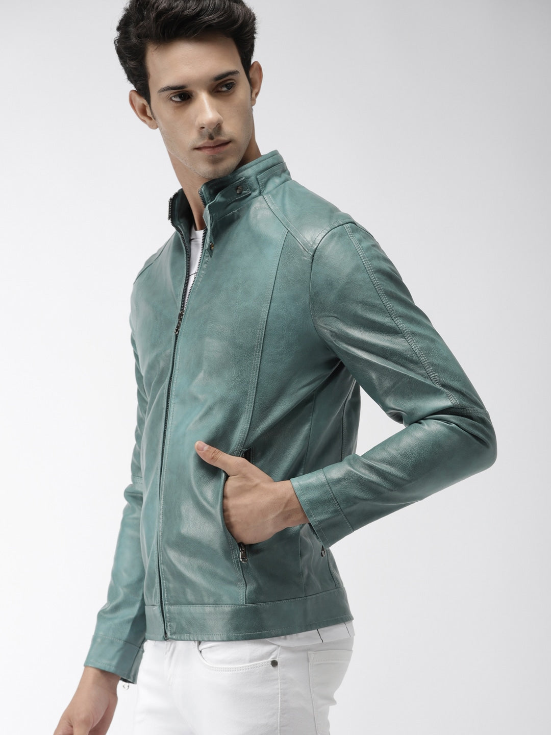 Men Teal Green Solid Biker Jacket | QAWACH