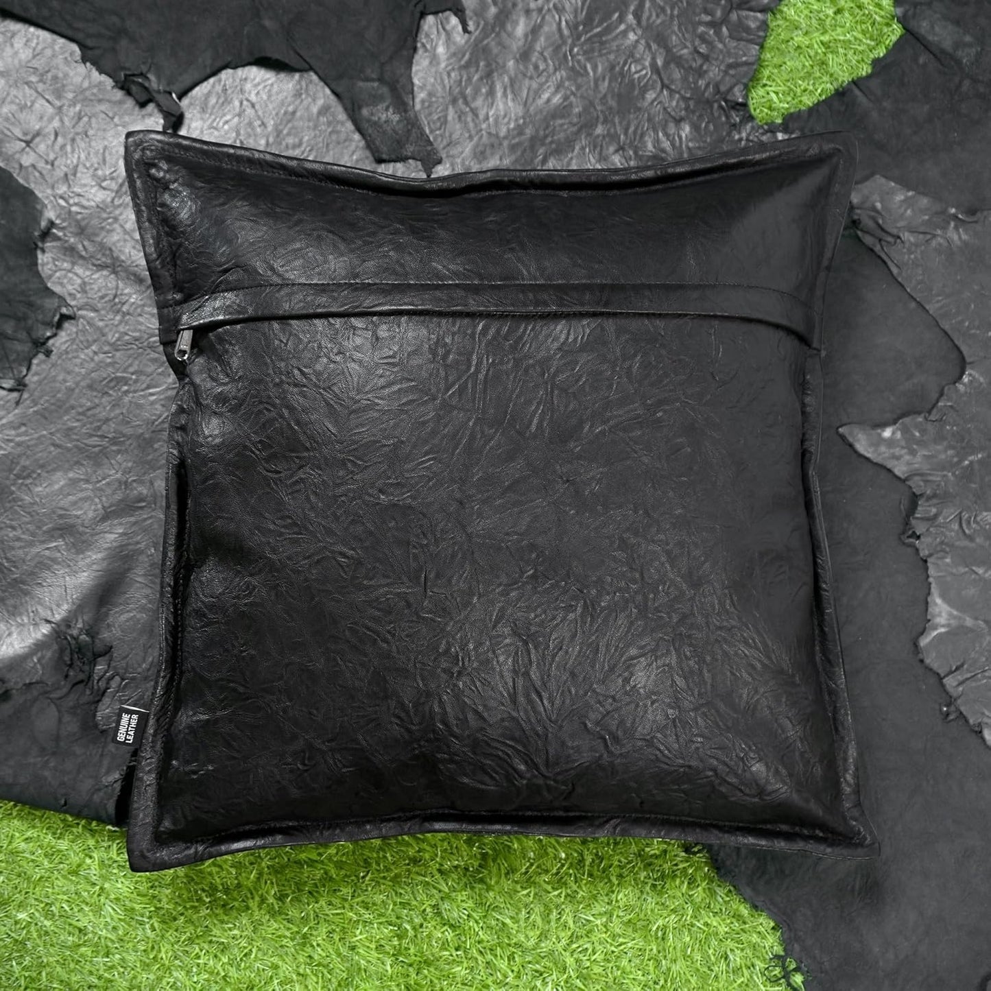 Black Crunch Box Leather Pillow Cover | QAWACH