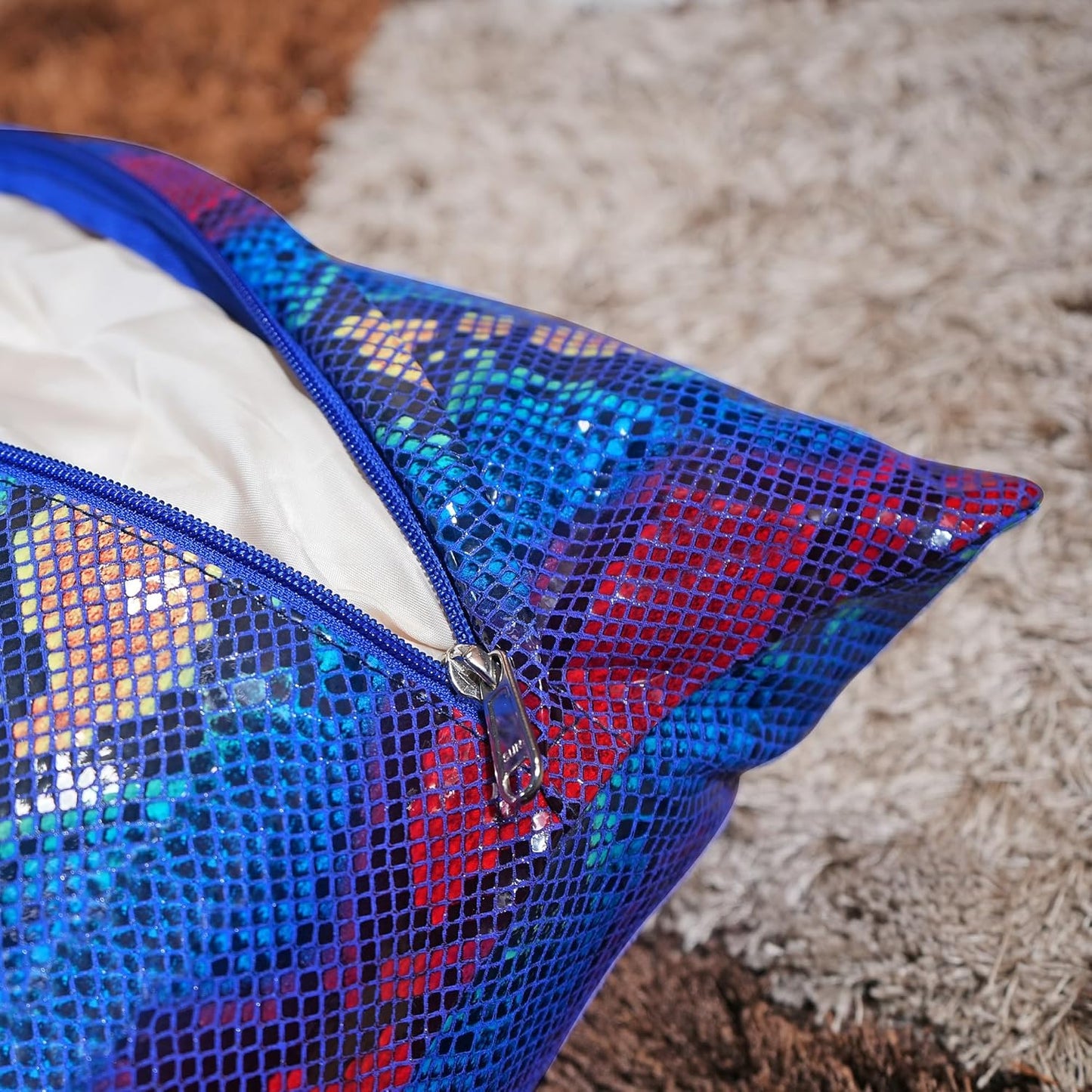 QAWACH Bold Blue Python Style Genuine Leather Pillow Cover