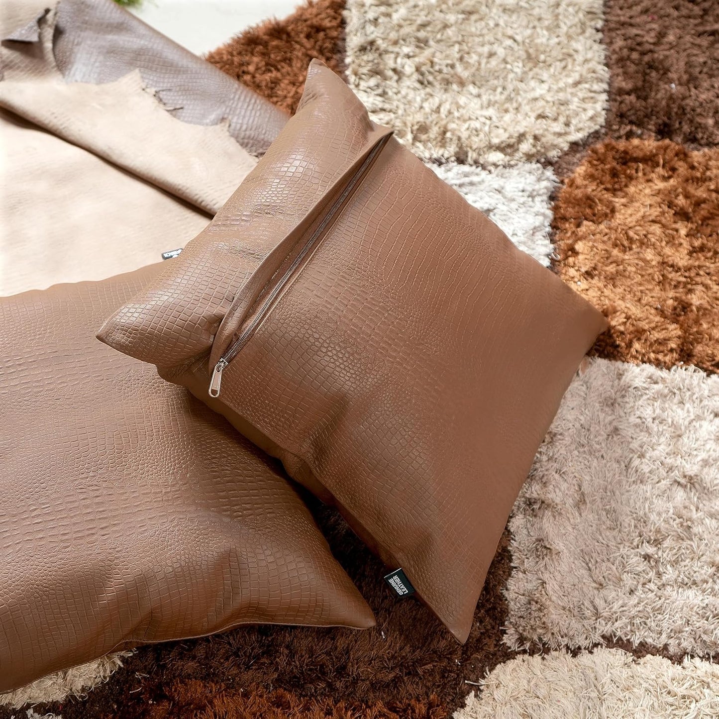 QAWACH Brown Croco Leather Pillow Cover
