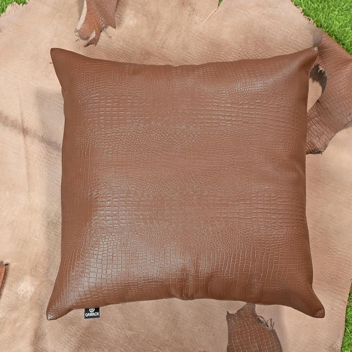 QAWACH Brown Croco Leather Pillow Cover