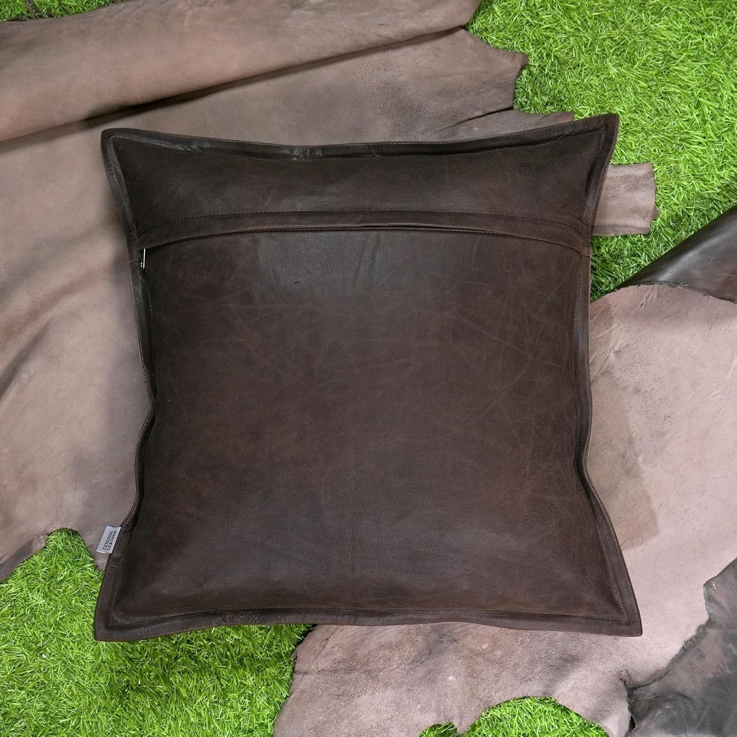 QAWACH Brown Crunch Genuine Leather Pillow Cover