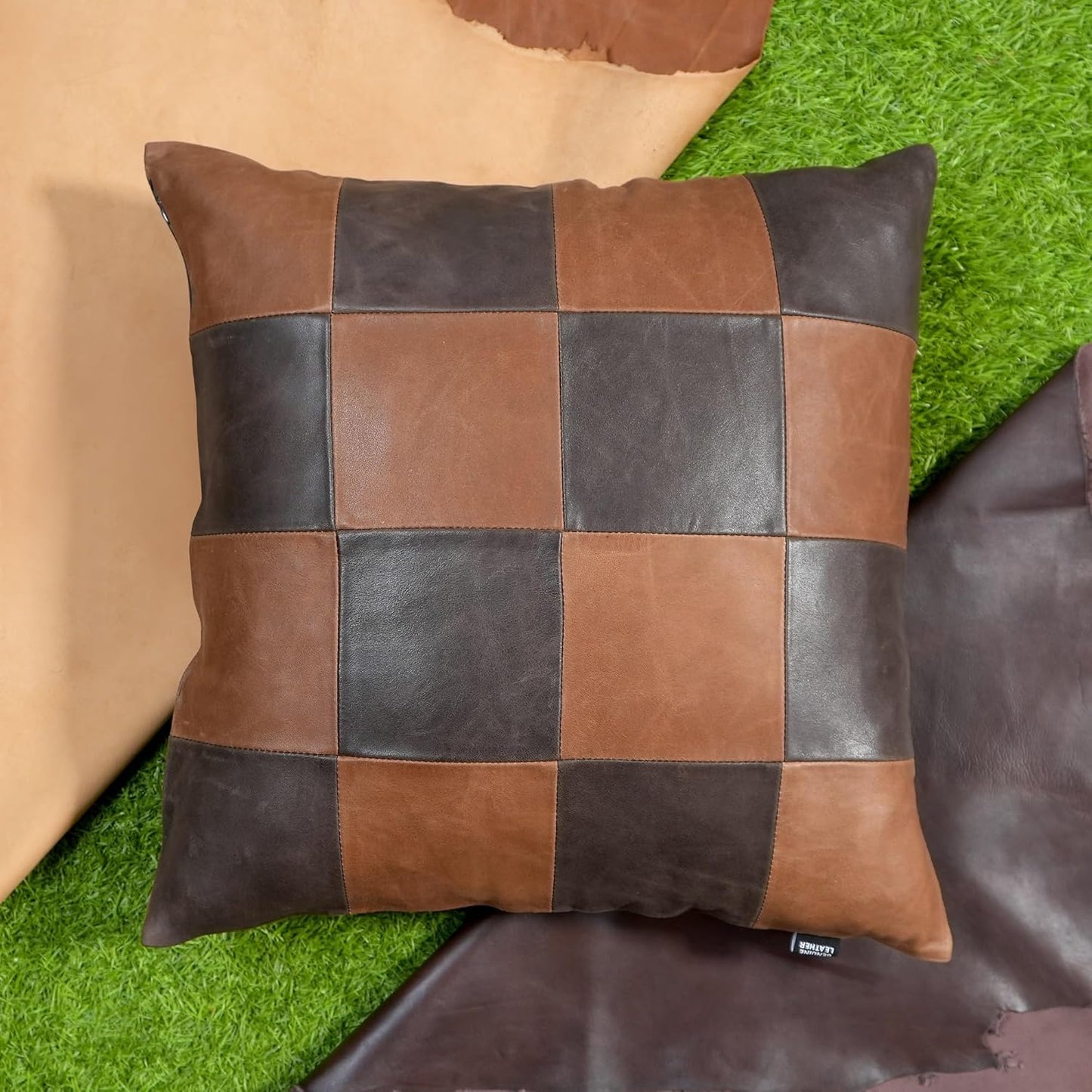 QAWACH Chess Box Pattern Genuine Leather Pillow Cover