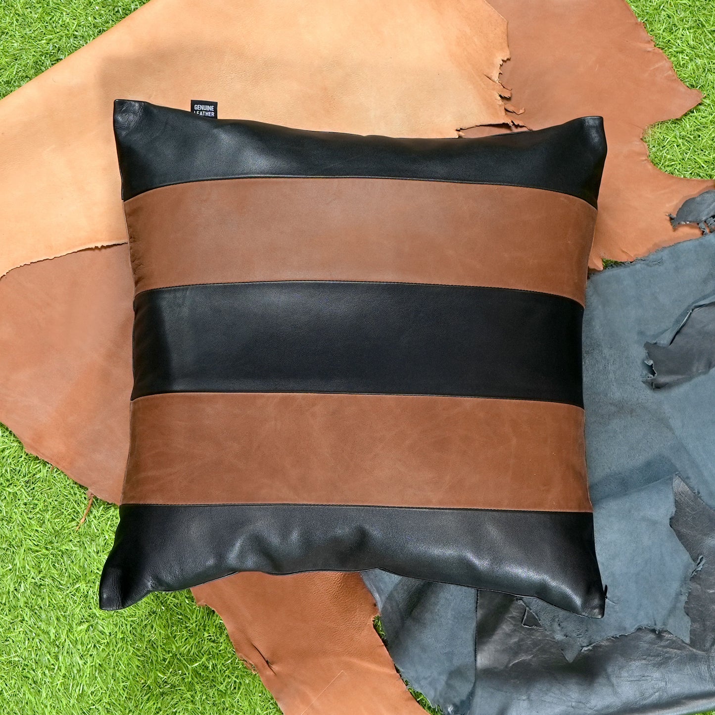 QAWACH Brown & Black Genuine Leather Pillow Cover