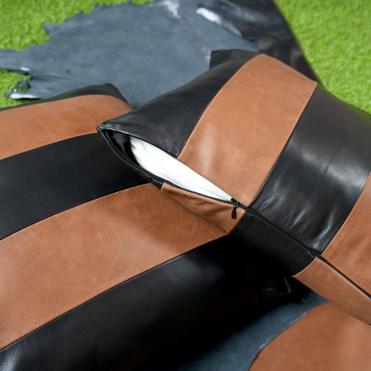 QAWACH Brown & Black Genuine Leather Pillow Cover