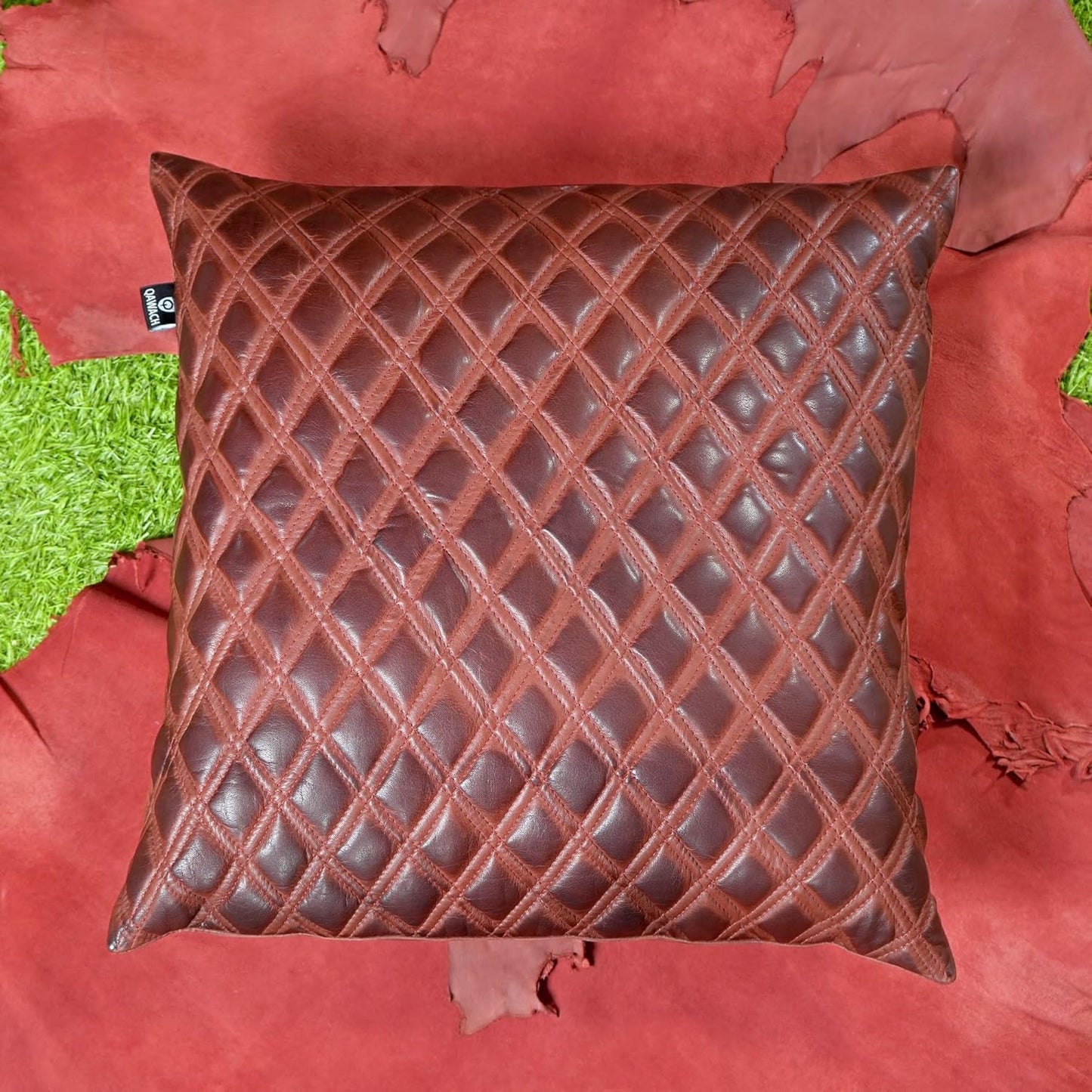 QAWACH Dark Maroon Quilted Genuine Leather Pillow Cover