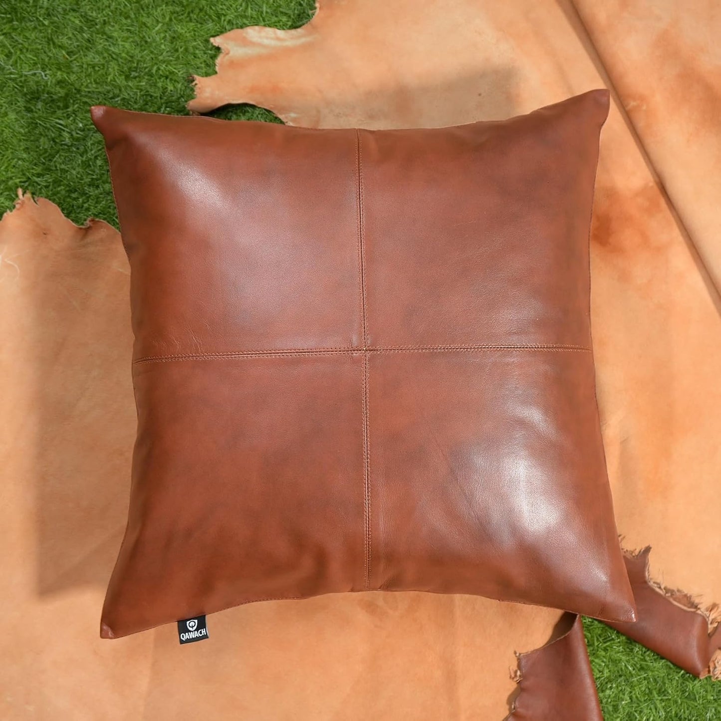 QAWACH Tan Antique Brown Genuine Leather Pillow Cover