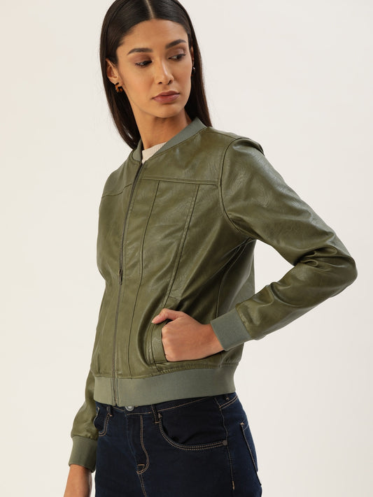 Women Olive Green Solid Lightweight Bomber Jacket | QAWACH