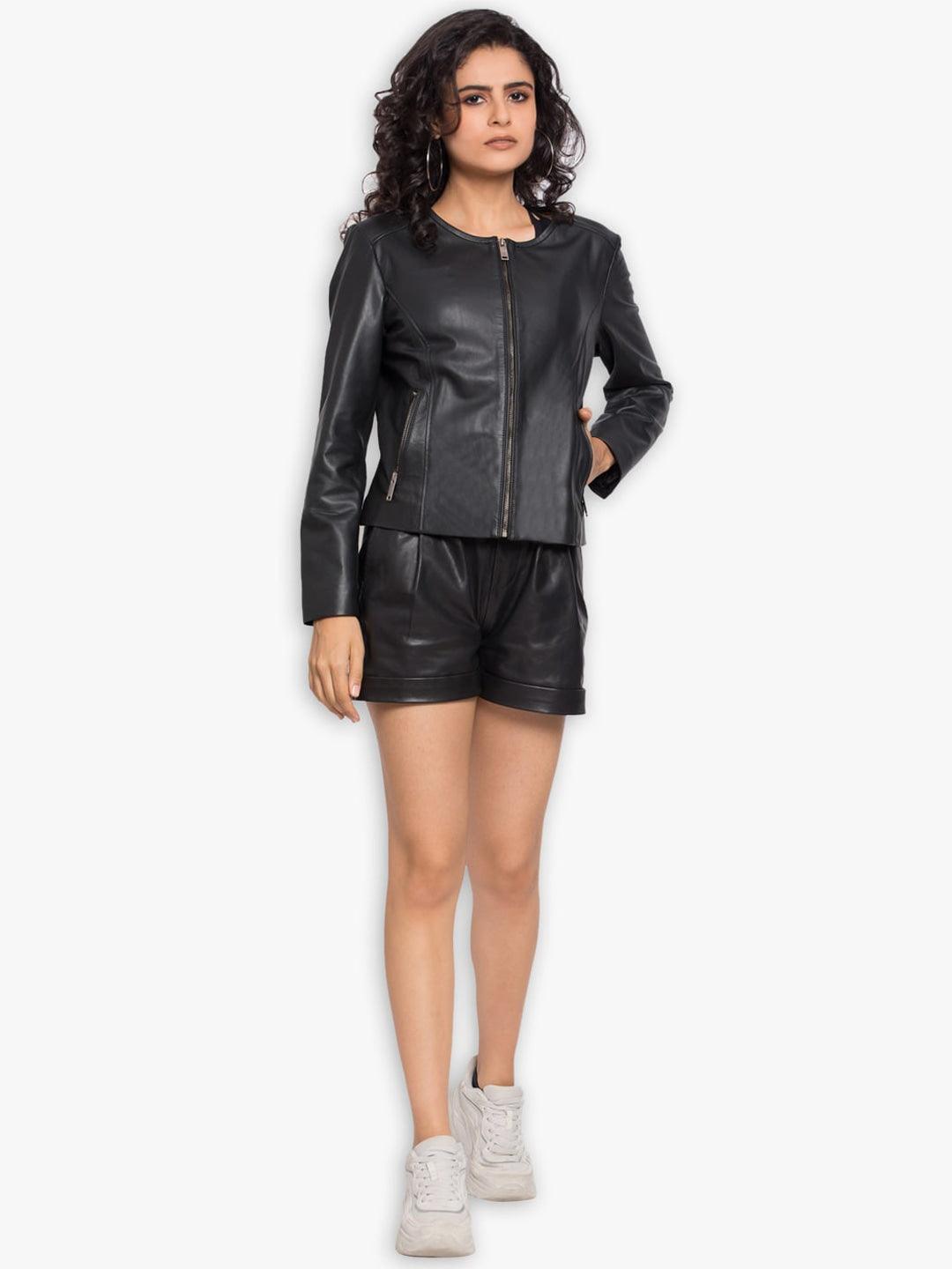 Women Black Leather Crop Outdoor Tailored Jacket - Qawach Leather