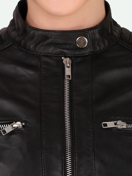 Women Black Leather Crop Outdoor Biker Jacket