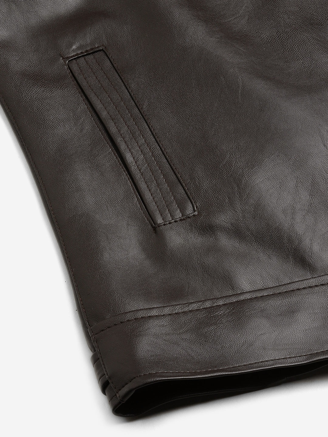 Men Coffee Brown Solid Leather Jacket | QAWACH
