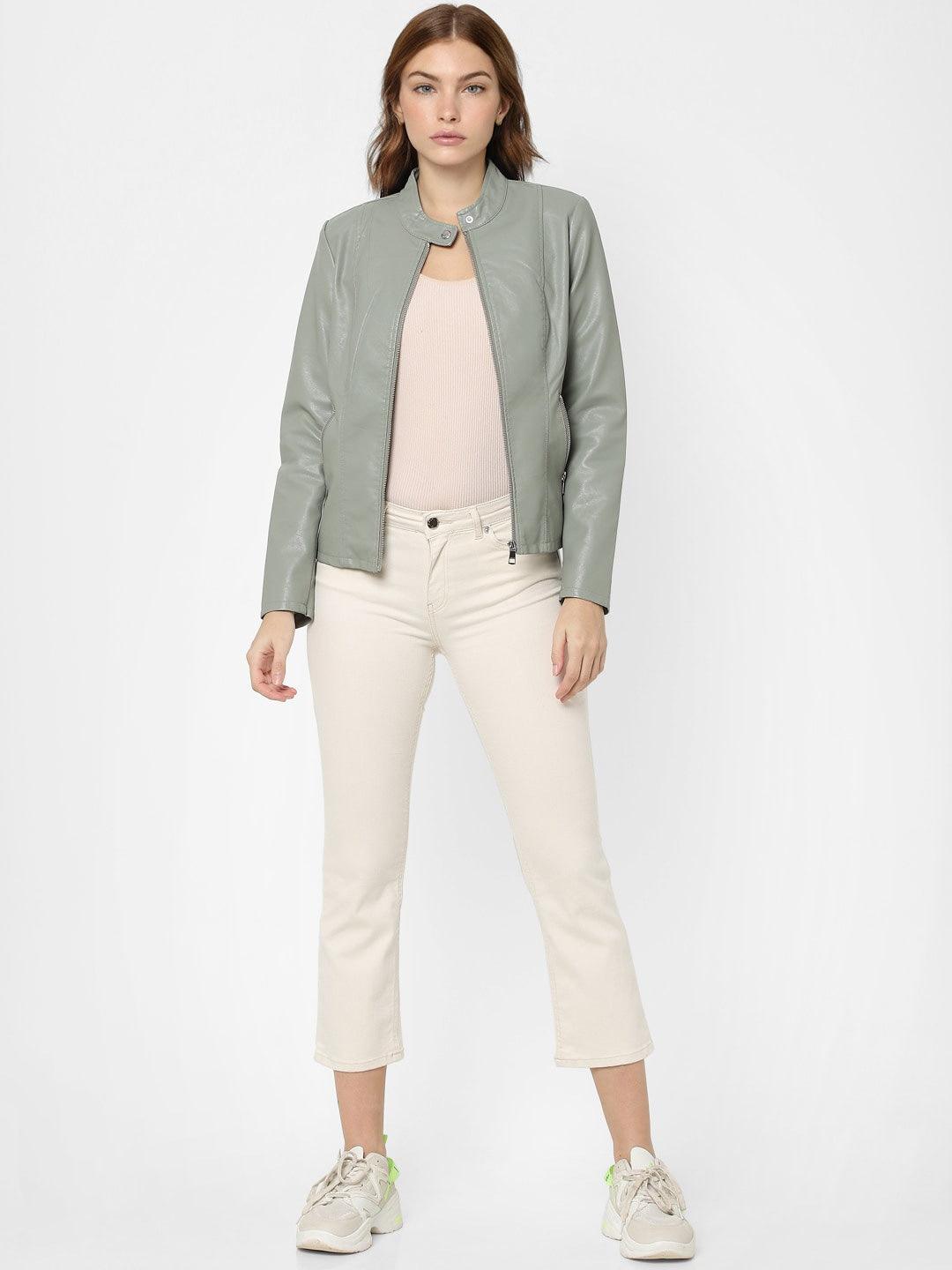 Women Green Solid Leather Jacket - Qawach Leather