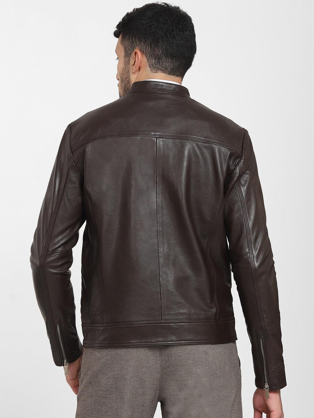 Men Classic Leather Brown Solid Leather Jacket | QAWACH