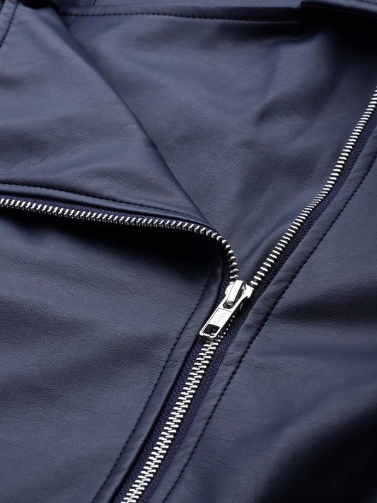Women Navy Blue Solid Biker Jacket | QAWACH