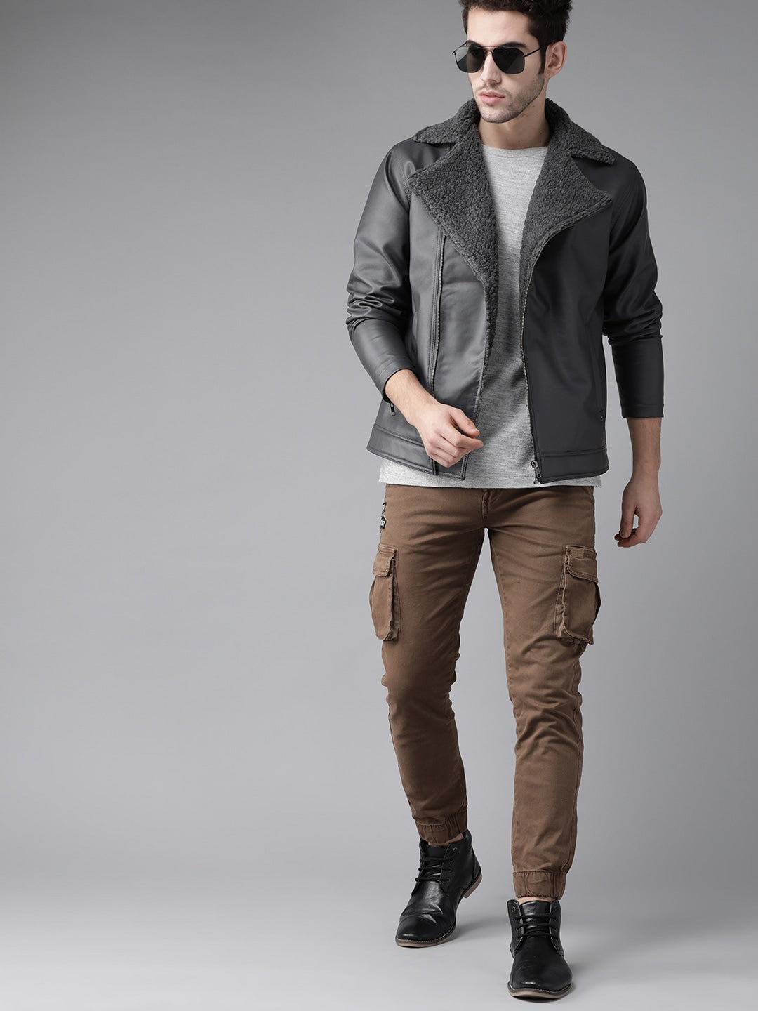 Men Charcoal Grey Solid Biker Jacket | QAWACH