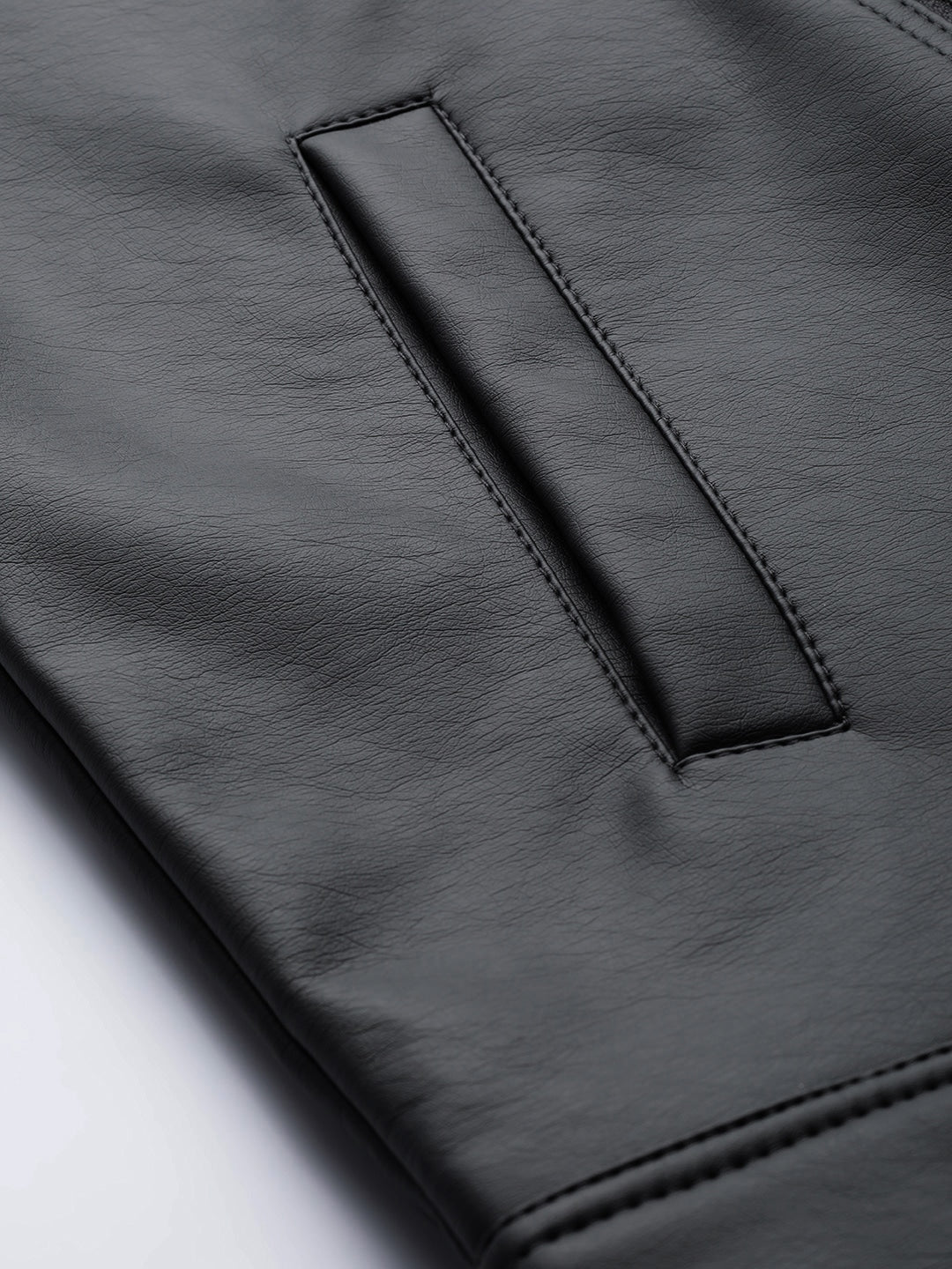 Men Charcoal Grey Solid Biker Jacket | QAWACH