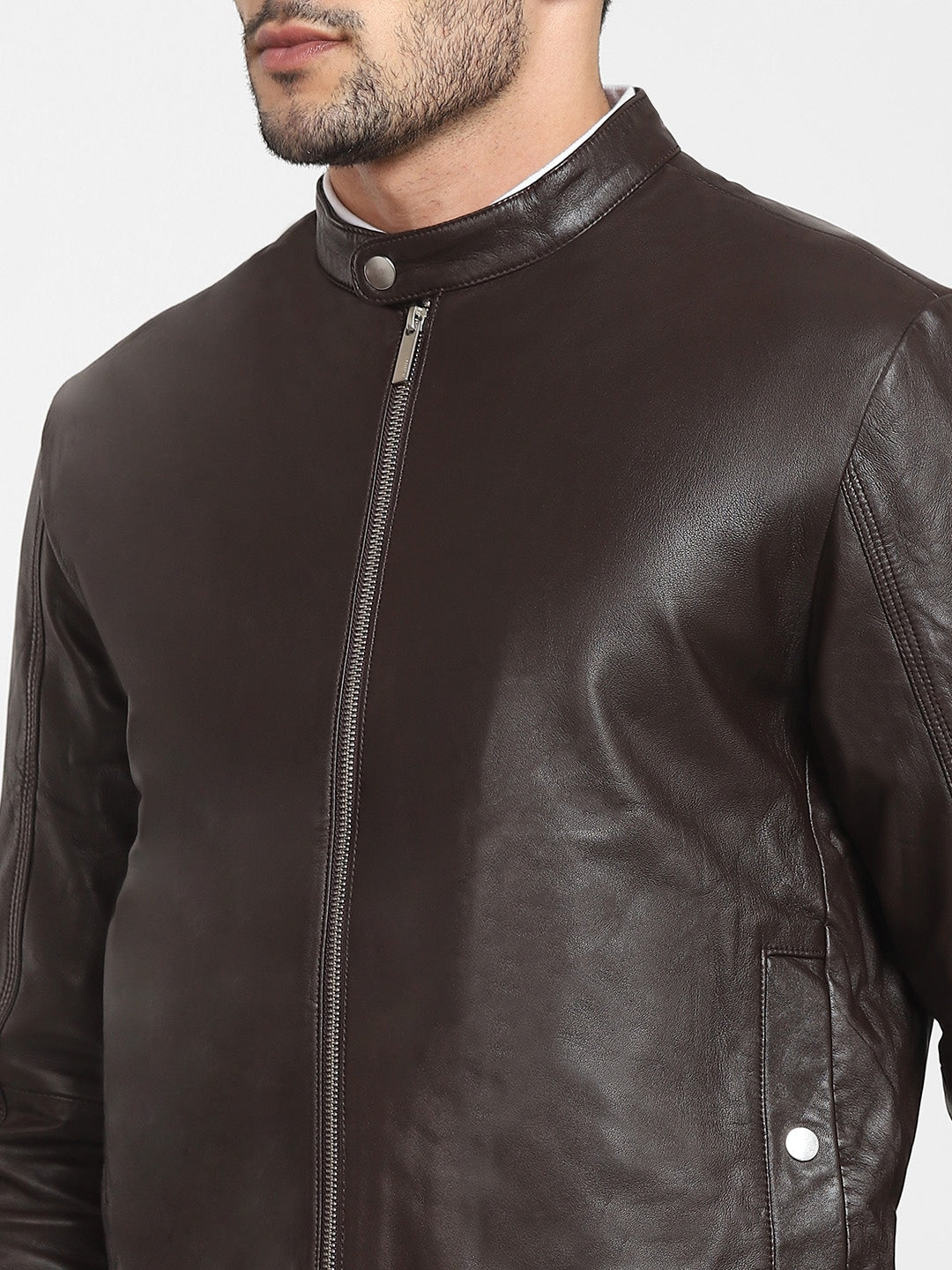 Men Classic Leather Brown Solid Leather Jacket | QAWACH