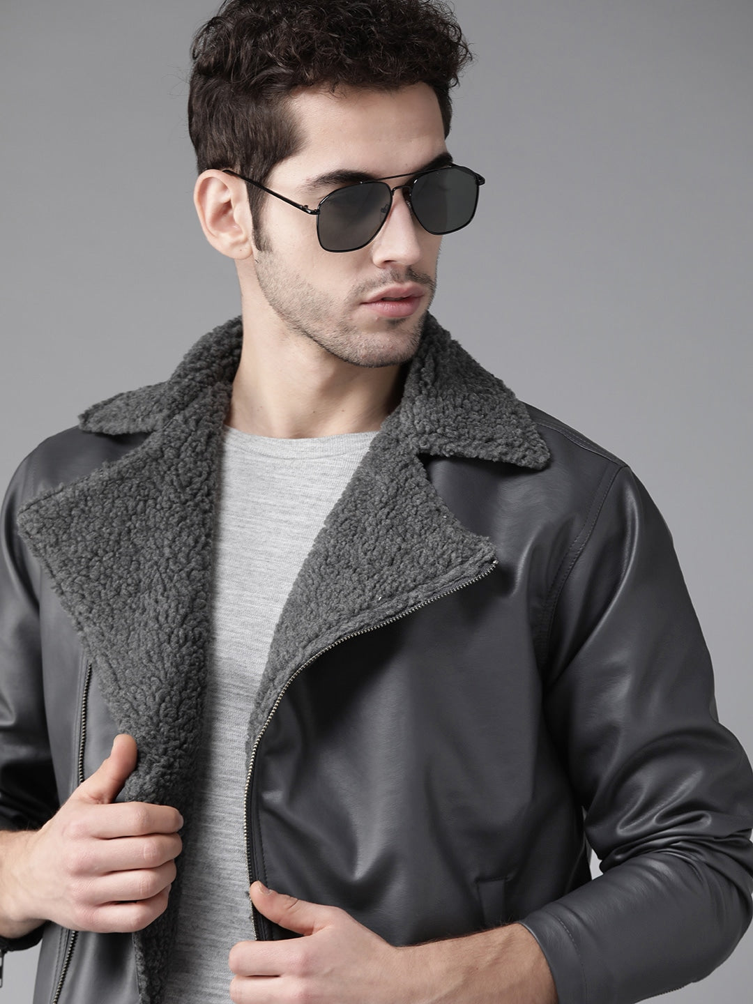 Men Charcoal Grey Solid Biker Jacket | QAWACH